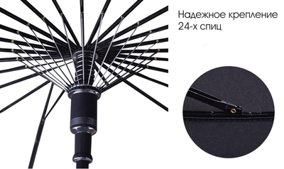 Зонт-трость 24 спицы Черный, кожаная ручка + чехол