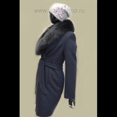 Синее пальто женское с меховым воротником Арти мода Arti moda 1441