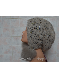 Шапка капор с помпонами зима 2018 Vizio Италия 5864 бежевая