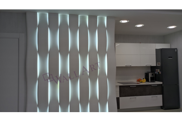 Смонтированная световая 3d панель "LightWave". г.Москва. Монтаж наш. Использована подсветка с холодным светом (6500к). Раскладка панелей стандартная - "Checkmate".