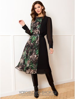 Модель : 5155.Платье прямого силуэта черно-зеленого цвета с растительным принтом.