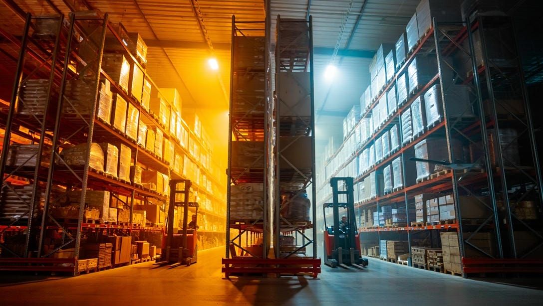 Контрастное изображение склада: слева тёплый тусклый свет натриевых ламп, справа яркое белое LED