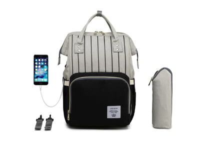 СУМКА-РЮКЗАК ДЛЯ МАМЫ LEQUEEN С USB (серый-черный, полоска)