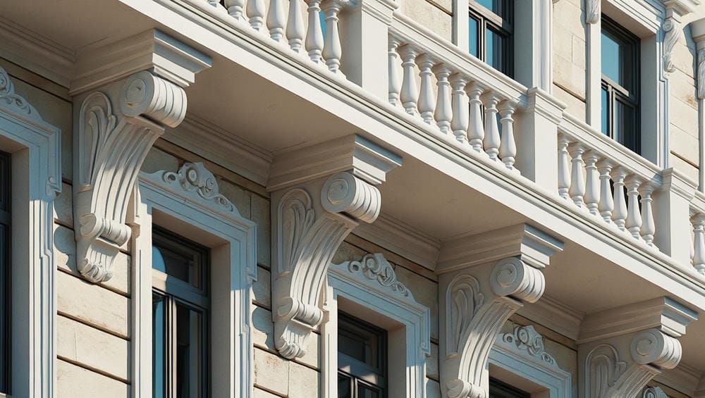 Акцентный дизайн фасада: сочетание оконного декора и рустов из полиуретана.