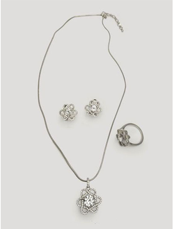 (АРТИКУЛ: 7704/52) КОМПЛЕКТ ЖЕНСКИЙ (КОЛЬЕ + СЕРЬГИ + КОЛЬЦО), МЕТАЛЛ ЦВЕТ "СЕРЕБРО", МЕЛКИЕ СТРАЗЫ, КРИСТАЛЛЫ
