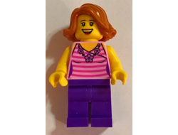 Woman, Striped Pink Shirt with Flower Necklace, Dark Purple Legs, Dark Orange Female Hair Short Swept Sideways, n/a (twn330)