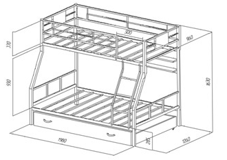 Двухъярусная кровать металлическая ФМ - ГР 1 + Полки и Ящик (190х90 и 190х120 см ) + 300 бонусов