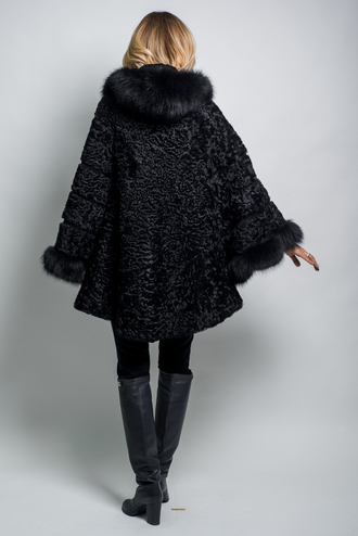 Женская шуба пончо Лилия натуральный мех каракуль  с капюшоном зимняя большой размер черная арт. ц-007