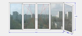 Остекление  Г-образного балкона шириной 3 метра, пластиковыми окнами