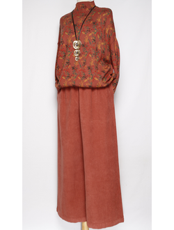 Брюки Бохо "ПАЛАЦЦО КРУПНЫЙ ВЕЛЬВЕТ" коралл до р.56