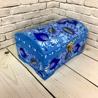 Деревянная шкатулка сундучок Голубая 120*80 мм для украшений с росписью Хохлома