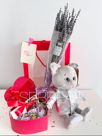 Подарочный набор №17 - Плюшевый котик на выбор, Лаванда, Киндер бокс средний