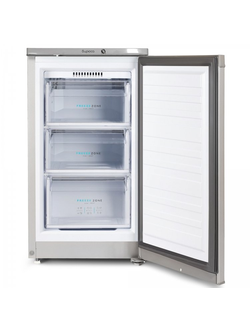 Узкая вертикальная морозильная камера, цвет серебристый, три выдвижных ящика.