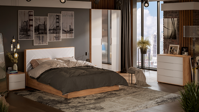 Композиция Спальни ХИЛТОН Дуб Крафт золотой/Белый матовый