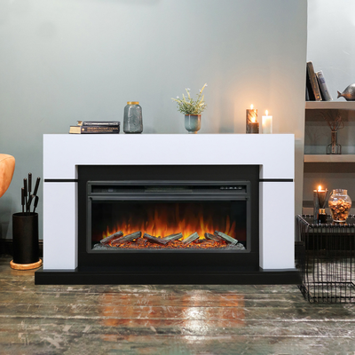 Линейный электрокамин Lindos белый с чёрным с очагом Vision 42 LOG LED
