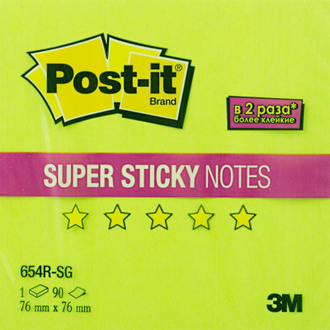 Стикеры Post-it 76x76 мм неоновые зеленые (1 блок, 90 листов)