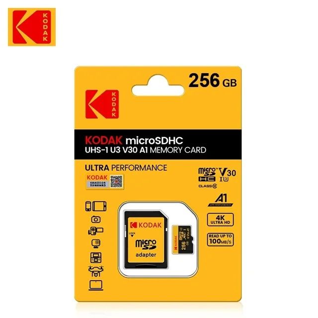Карта памяти Kodak Micro SD, класс 10, UHS-1 U3 V30 A1 на 256 ГБ, чтение 60 МБ/с, запись данных 30 М