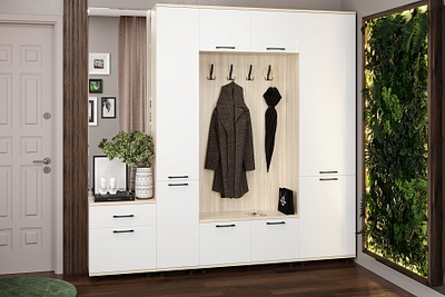 Композиция прихожей ГРЕЙС корпус Ясень Асахи/фасад Белый Бриллиант Глянцевый