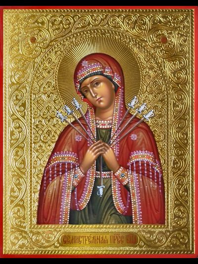 Семистрельная Икона Богородица. Рукописная икона 22х28см.