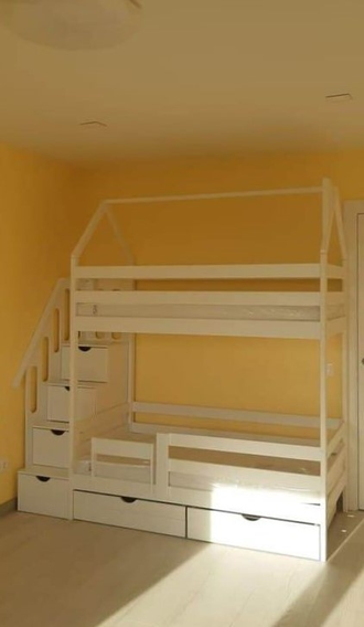 Кровать домик с лестницей комодом (Белый) (160*80)