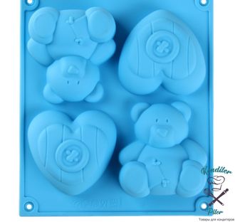 Форма силиконовая для выпечки Доляна «Мишка и сердце», 17×15 см, 4 ячейки, цвет МИКС