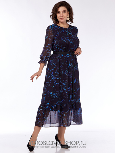 Женское шифоновое платье в синем цвете с цветочным принтом