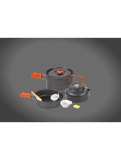 Набор туристической посуды #TZ-516 комплект: кастрюля, скоровода, чайник, тарелки, блюдце, шумовка, лопатка, губка для мыться посуды (материал: анодированный алюминий, полипропилен)