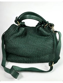 Женская плетеная сумка из натуральной винтажной кожи Vera Pelle зеленого цвета. Арт. 025891
