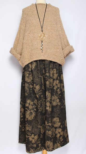 БРЮКИ-ЮБКА джинс-гобелен "БЕЗ КАРМАНОВ" крупные цветы черные, синие р.46-54