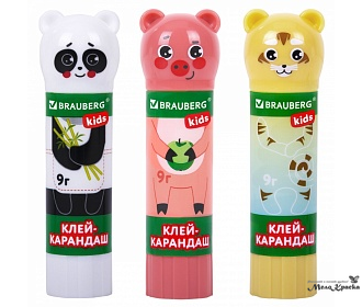 Клей-карандаш "Зверята: хрюшка, панда, тигренок", 9 г, фигурный колпачок, 3 шт./блистер, BRAUBERG KIDS, 271141