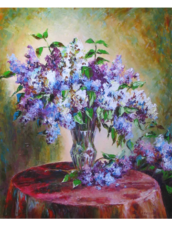 Круглова С. Н. "Сирень на красной скатерти",  холст / масло,  80 х 65 см.,  2012 г.
