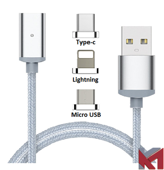 Магнитный USB-кабель (Type-C/Lightning/Micro USB)-Серебристый
