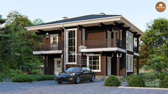 Каркасный двухэтажный дом с тремя балконами, террасой и сауной. Проект №130.