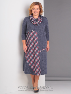 Модель: А-3103. Сине-серое платье со вставкой в клетку и хомутом.