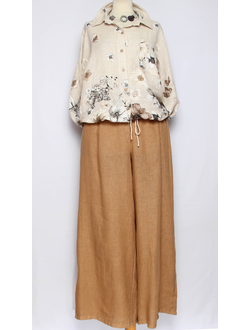 Брюки "Лён широкие с защипами на поясе" мокко р.48-56