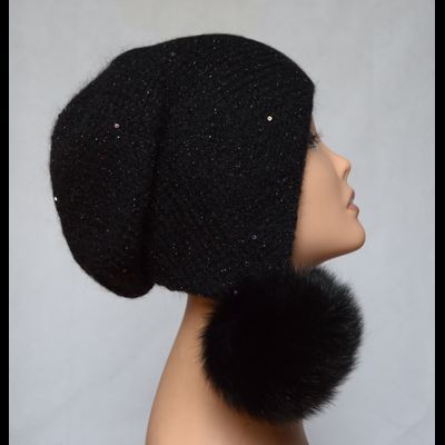 Черная женская шапка ушанка с помпонами вязаная Vizio 6463