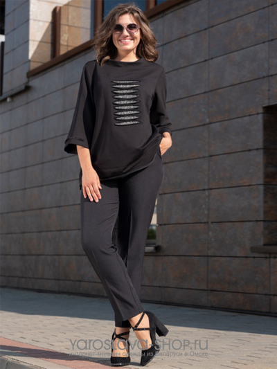 Комплект женский черный: джемпер с серой вставкой и брюки