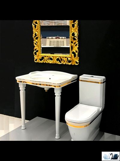 Унитаз Creavit Antik Gold AN360.001A0 напольный приставной, в комплекте с бачком AN410.A00, с золотой лентой