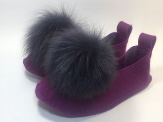 Тапочки женские из войлока на войлочной подошве с помпоном из натурального меха