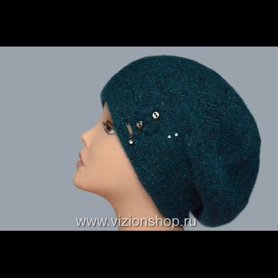 Вязаный берет изумрудного цвета с пайетками Италия Vizio 6457