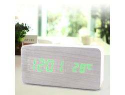 Часы-будильник Прямоугольник с термометром белое дерево зеленые цифры зв. активация