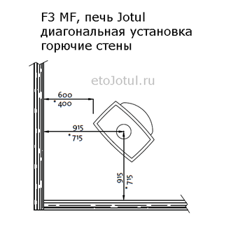 Установка печи Jotul F3 MF BP, диагонально в углу, какие отступы от горючих стен