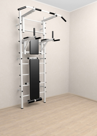 Шведская стенка   с турником регулируемым по высоте, брусьями  и скамьей для пресса.