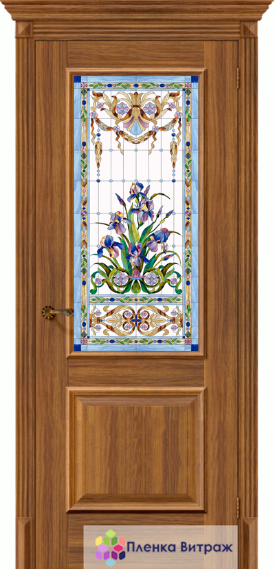 Витражная пленка, витражная пленка самоклеющаяся под заказ,пленочный витраж флора с голубыми ирисами