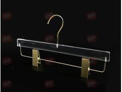 TM90 Вешалка перекладина прозрачная акриловая брючная с золотыми зажимами L=320 мм