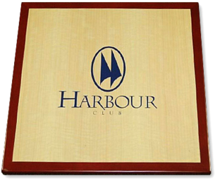 Digitally Printed Customers Logo on Digitally Printed Veneer with Stained Maple Wood Edge
