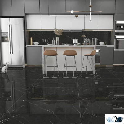 Керамогранит Eurotile Pietra Negro High Glossy 60x120 см черный  мрамор в интерьере кухни, гостинной