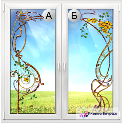Витражная пленка, витражная пленка самоклеющаяся под заказ,пленочный витраж с желтыми цветами