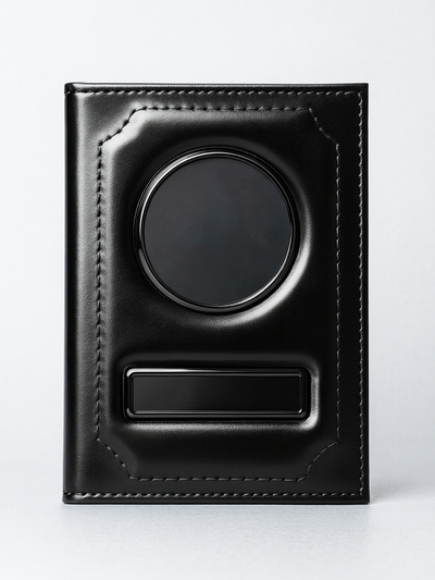 Обложка для автодокументов под наклейку логотипа и номера. Чёрная с чёрными вставками