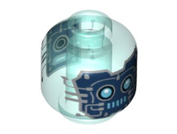 Minifigure, Head Dual Sided Alien Robot, Medium Azure Eyes and Mouth, Dark Blue Panels with Circuitry / Circles and Power Bar Pattern - Vented Stud, Trans-Light Blue (28621pb0021 / 6329386)
